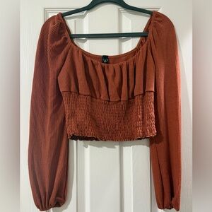 Rust Smocked Long-Sleeve Crop Top